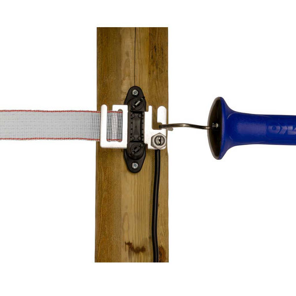 Electric Fence Power Connector Plate in use on a fence